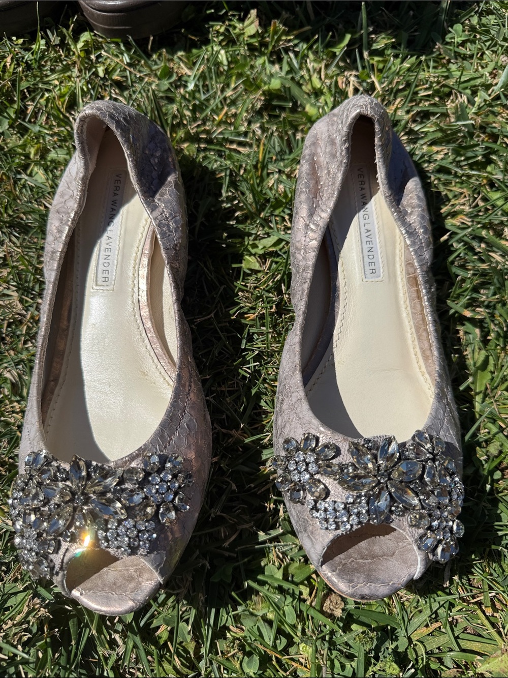 Vera Wang Lavender Open-Toe Jeweled Flats in Taupe
